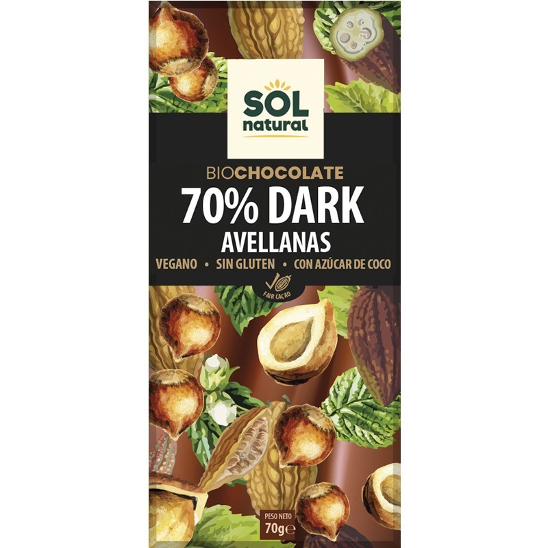 Chocolate 70% dark avellanas SOL NATURAL 70 gr BIO